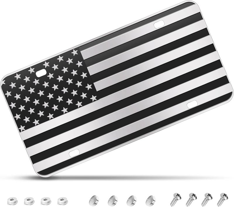 WYHCauto American Flag License Plate, Black Decoration Front Flag License Plates with 4 Holes, Aluminum Metal 3D Embossed US License Plate with Screws Caps, 6 * 12 inches Car Decor Accessory - Image 1